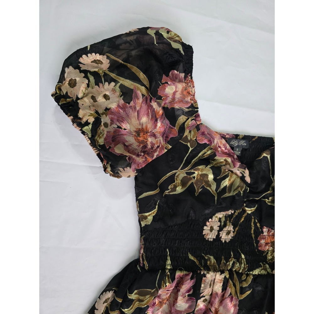 Lily Rose Floral Puff Sleeve Smocked Mini Dress Black Mauve Size Small - Picture 6 of 16